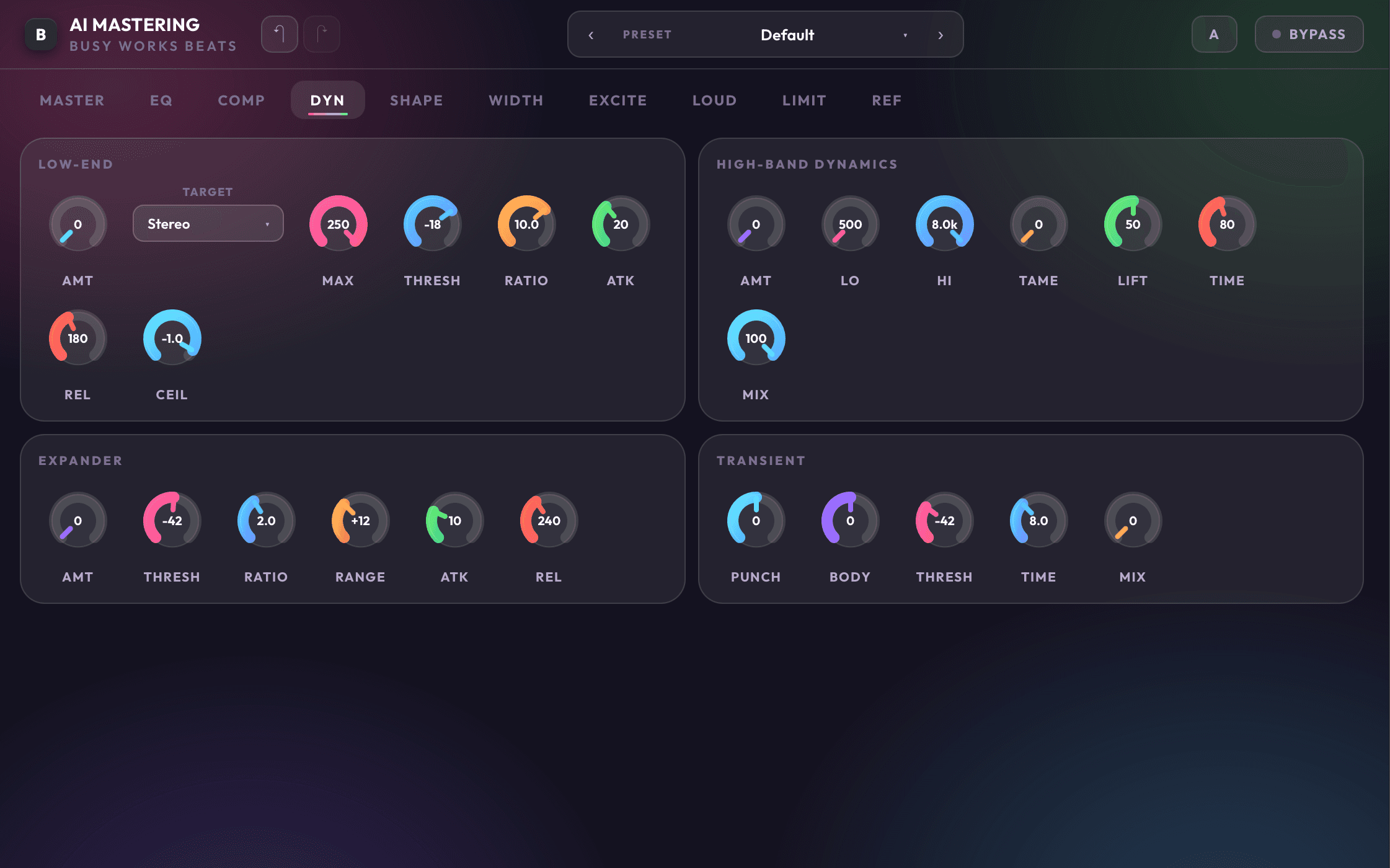 AI Mastering 9 dynamics page with control and transient shaping modules