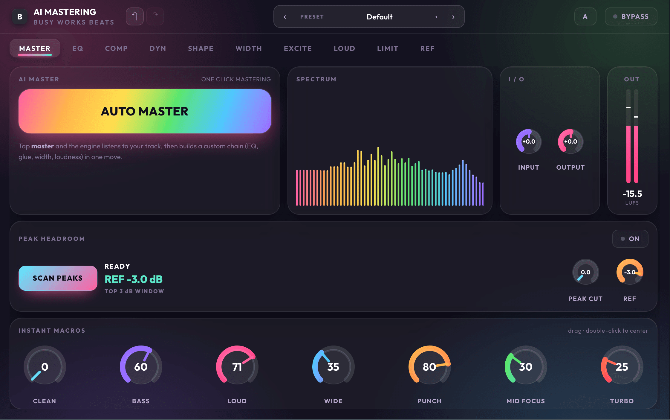 AI Mastering 9 master page with Auto Master, spectrum, peak headroom, and instant macros
