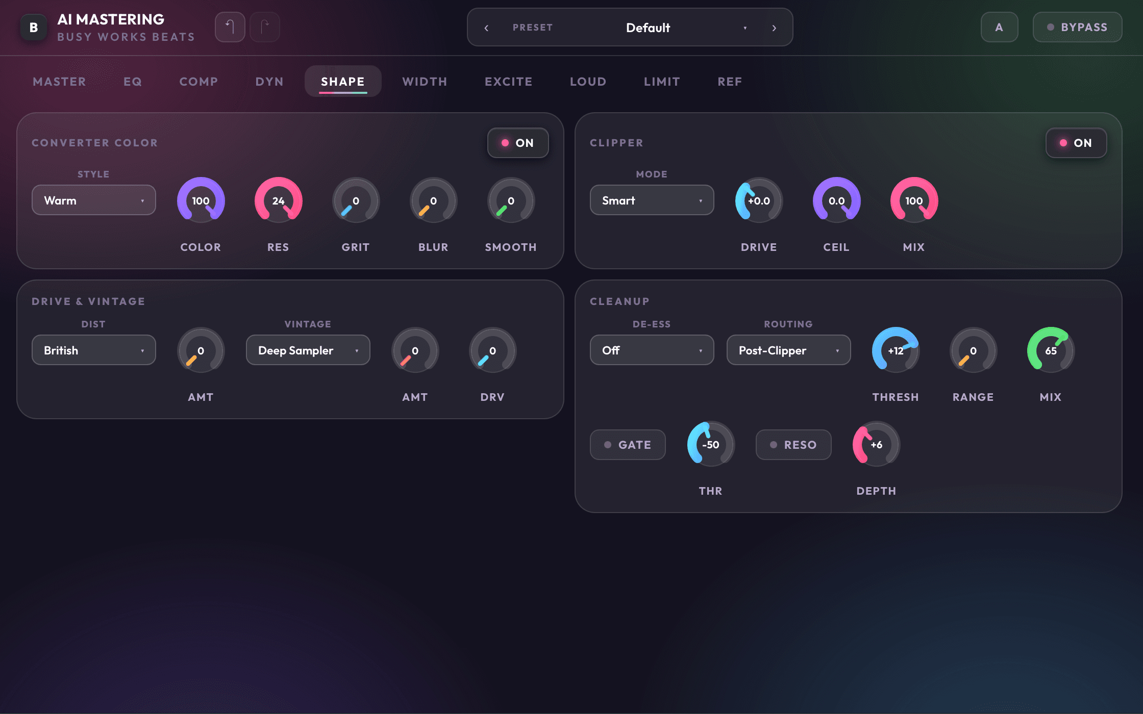 AI Mastering 9 shape page with analog, body, sparkle, air, and warmth controls