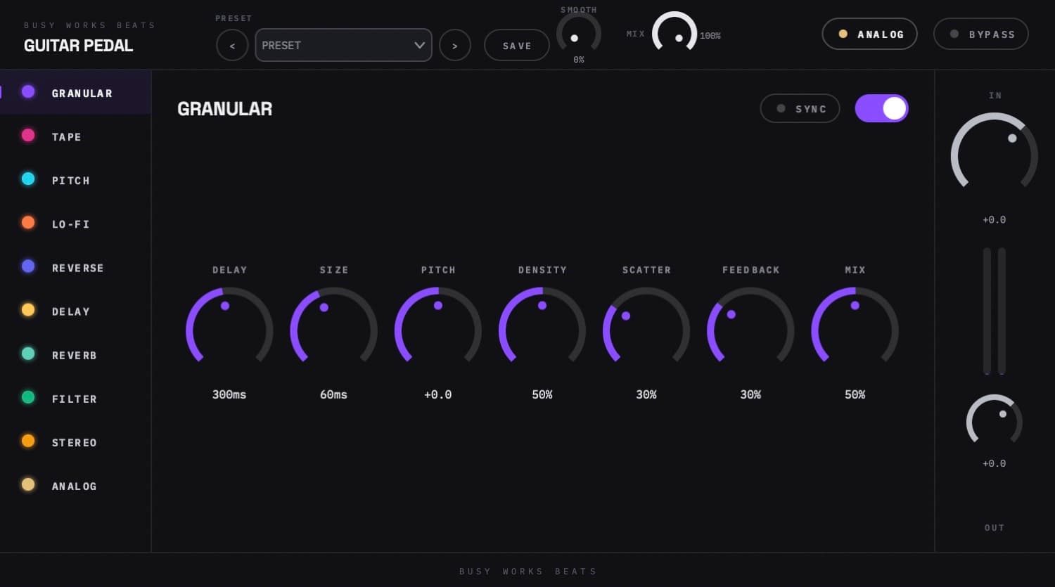 Busy Works Beats Guitar Pedal with the Granular module open